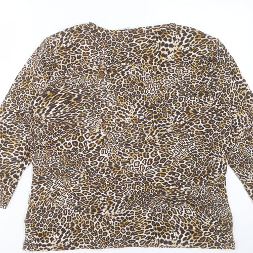 Anne Klein Womens Brown Animal Print Polyester Basic T-Shirt Size L V-Neck