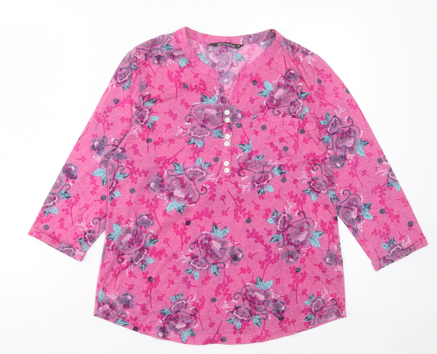 Bonmarché Womens Pink Paisley Polyester Basic T-Shirt Size 14 V-Neck - Pocket Detail