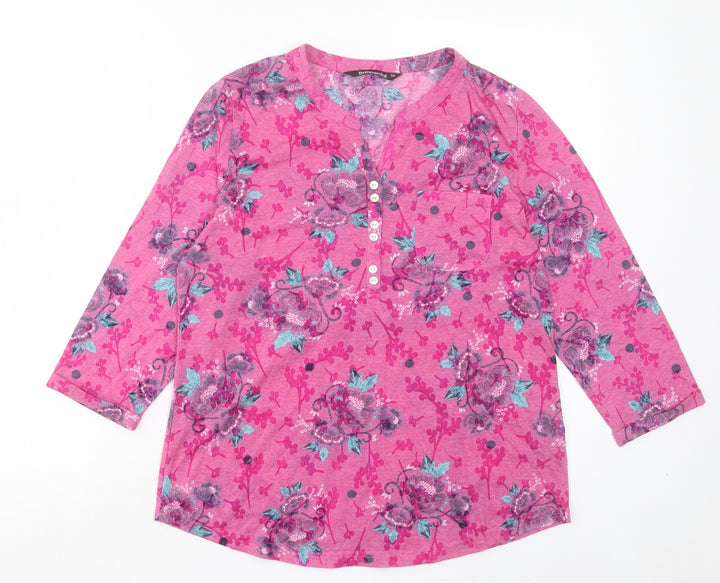 Bonmarché Womens Pink Paisley Polyester Basic T-Shirt Size 14 V-Neck - Pocket Detail