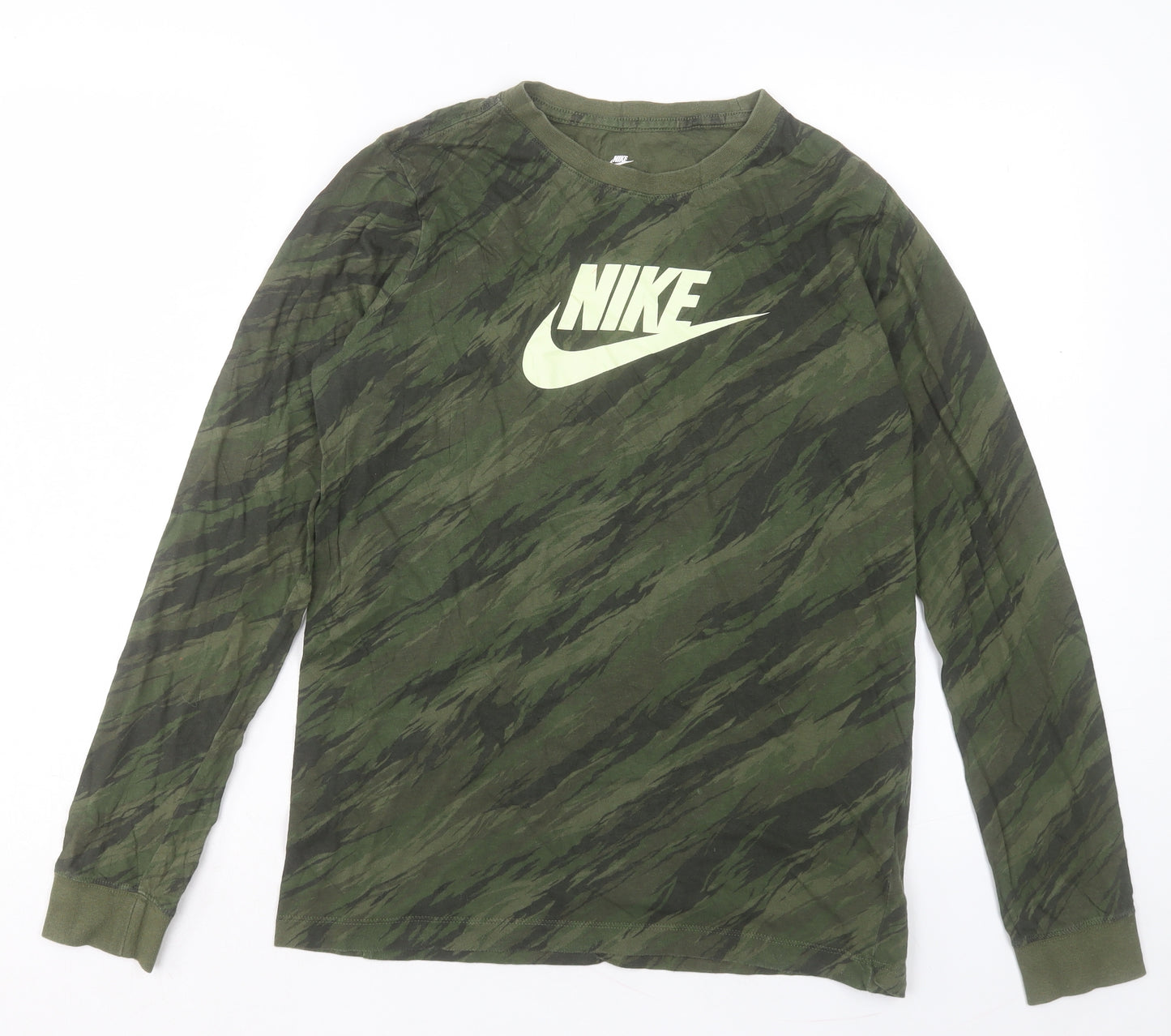 Nike Boys Green Camouflage Cotton Basic Casual Size 13-14 Years Crew Neck Pullover
