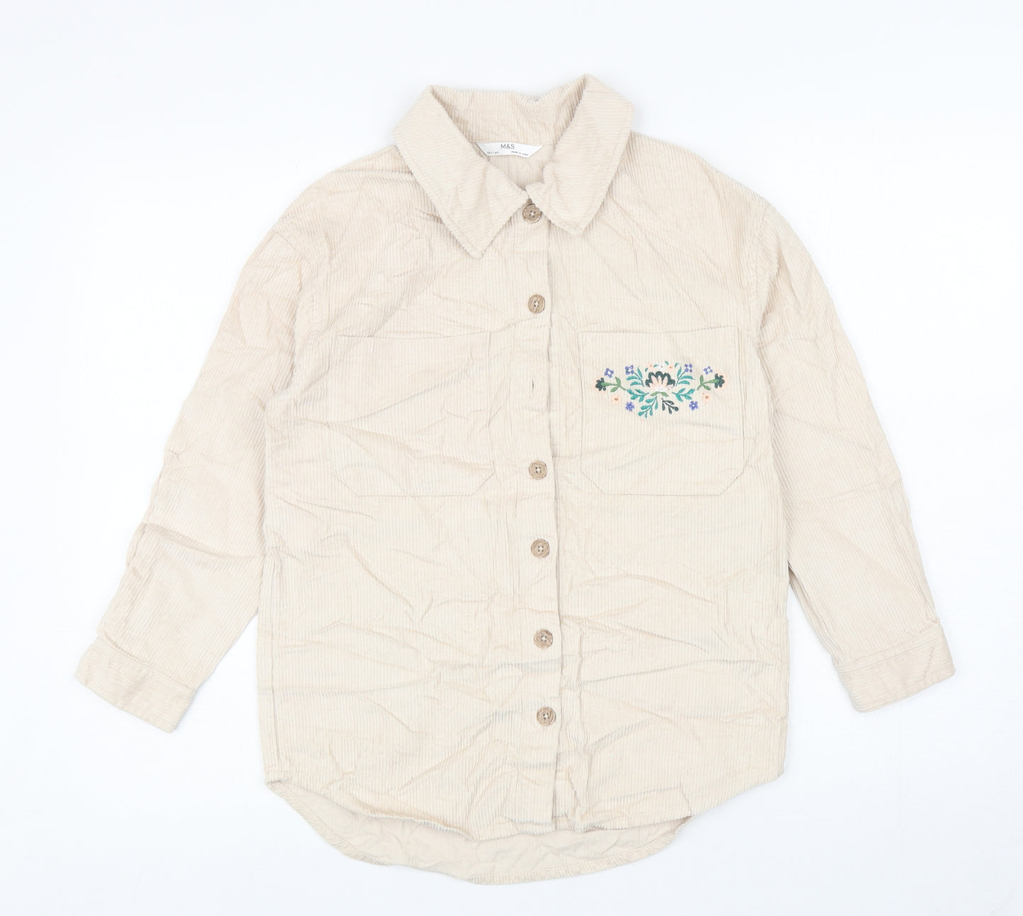 Marks and Spencer Girls Beige Cotton Basic Button-Up Size 10-11 Years Collared Button - Flowers