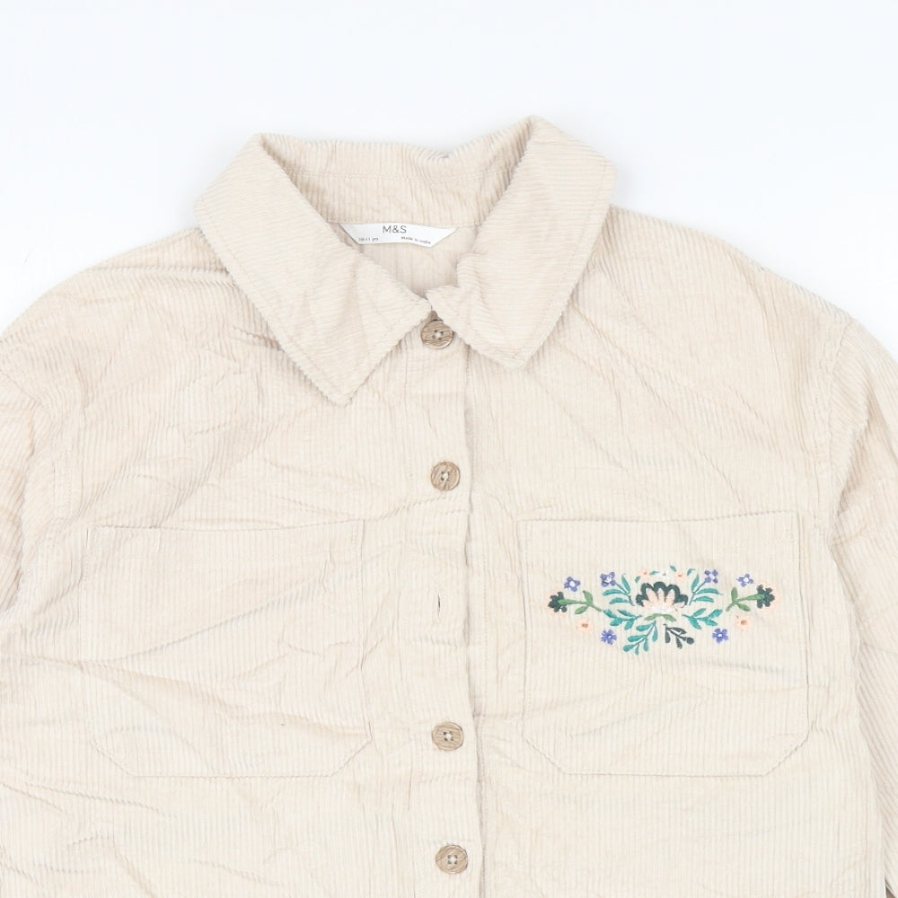 Marks and Spencer Girls Beige Cotton Basic Button-Up Size 10-11 Years Collared Button - Flowers
