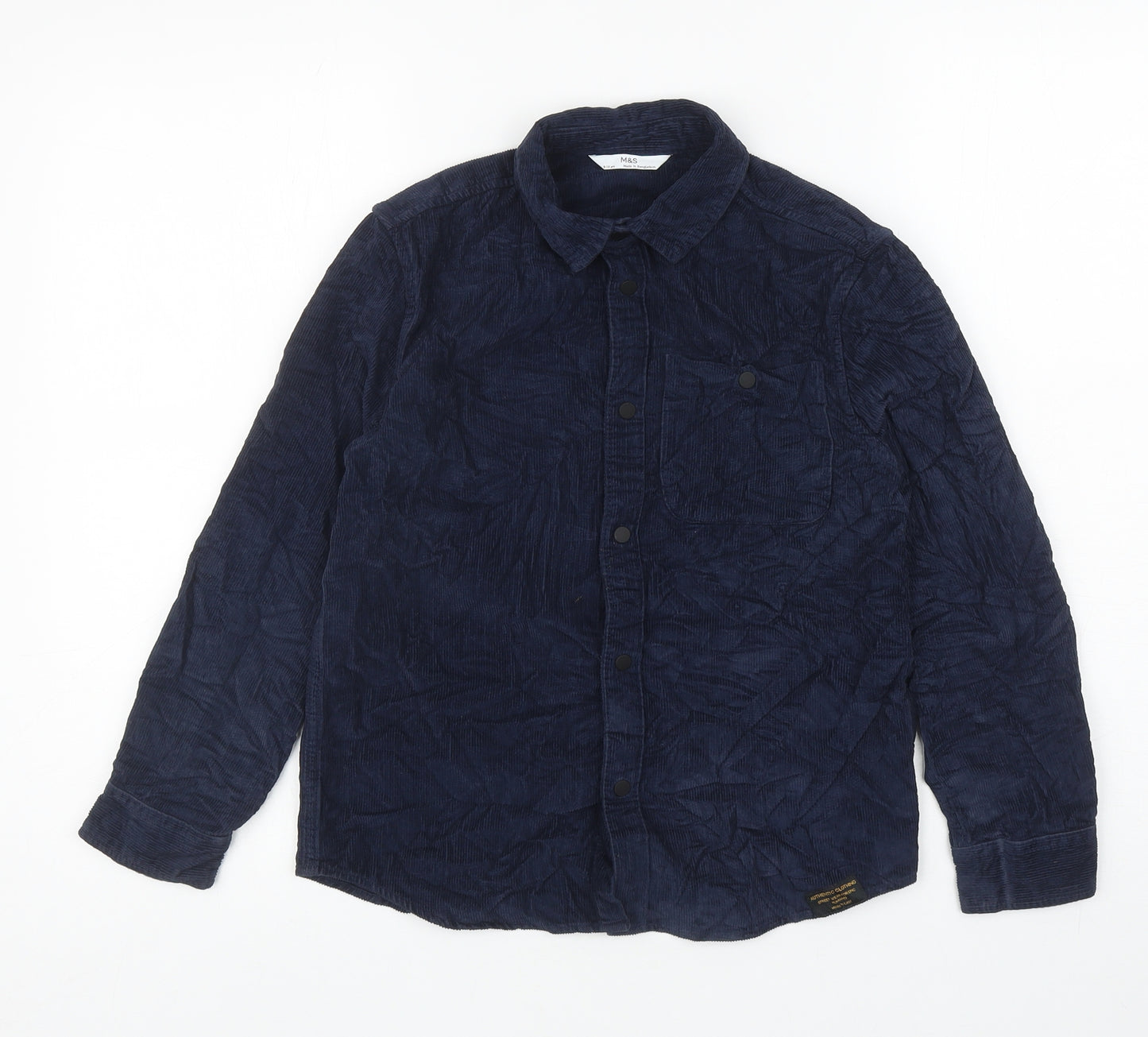 Marks and Spencer Boys Blue Cotton Basic Button-Up Size 9-10 Years Collared Snap
