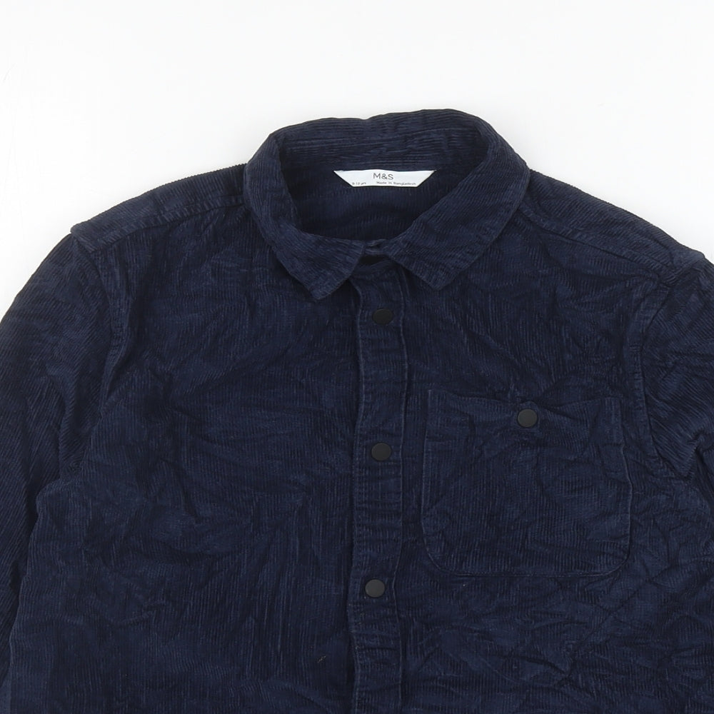 Marks and Spencer Boys Blue Cotton Basic Button-Up Size 9-10 Years Collared Snap