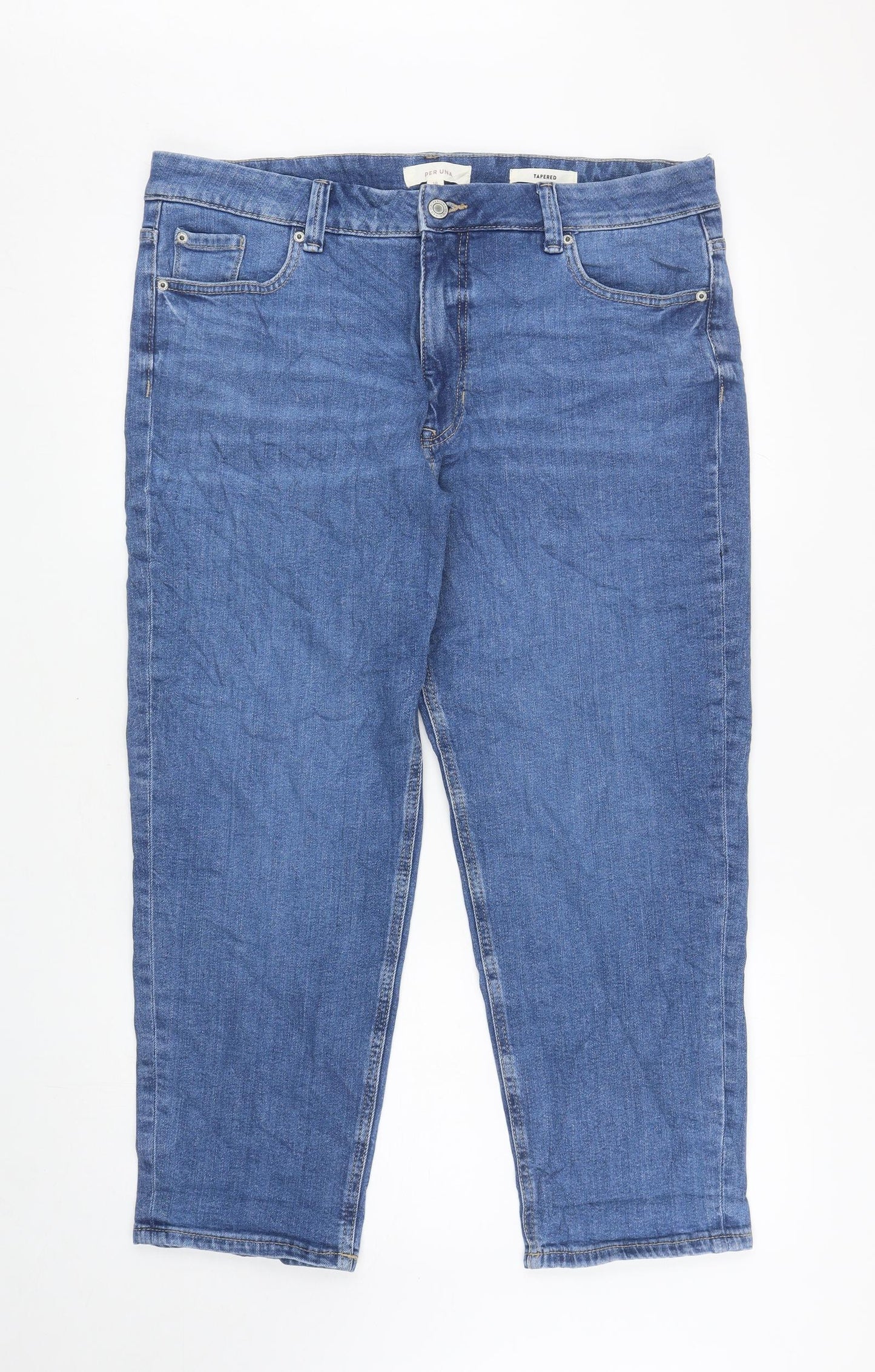 Per Una Womens Blue Cotton Tapered Jeans Size 18 L26 in Regular Zip
