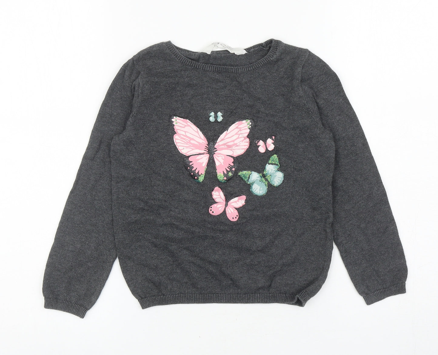 H&M Girls Grey Round Neck Cotton Pullover Jumper Size 4-5 Years Pullover - Butterflies