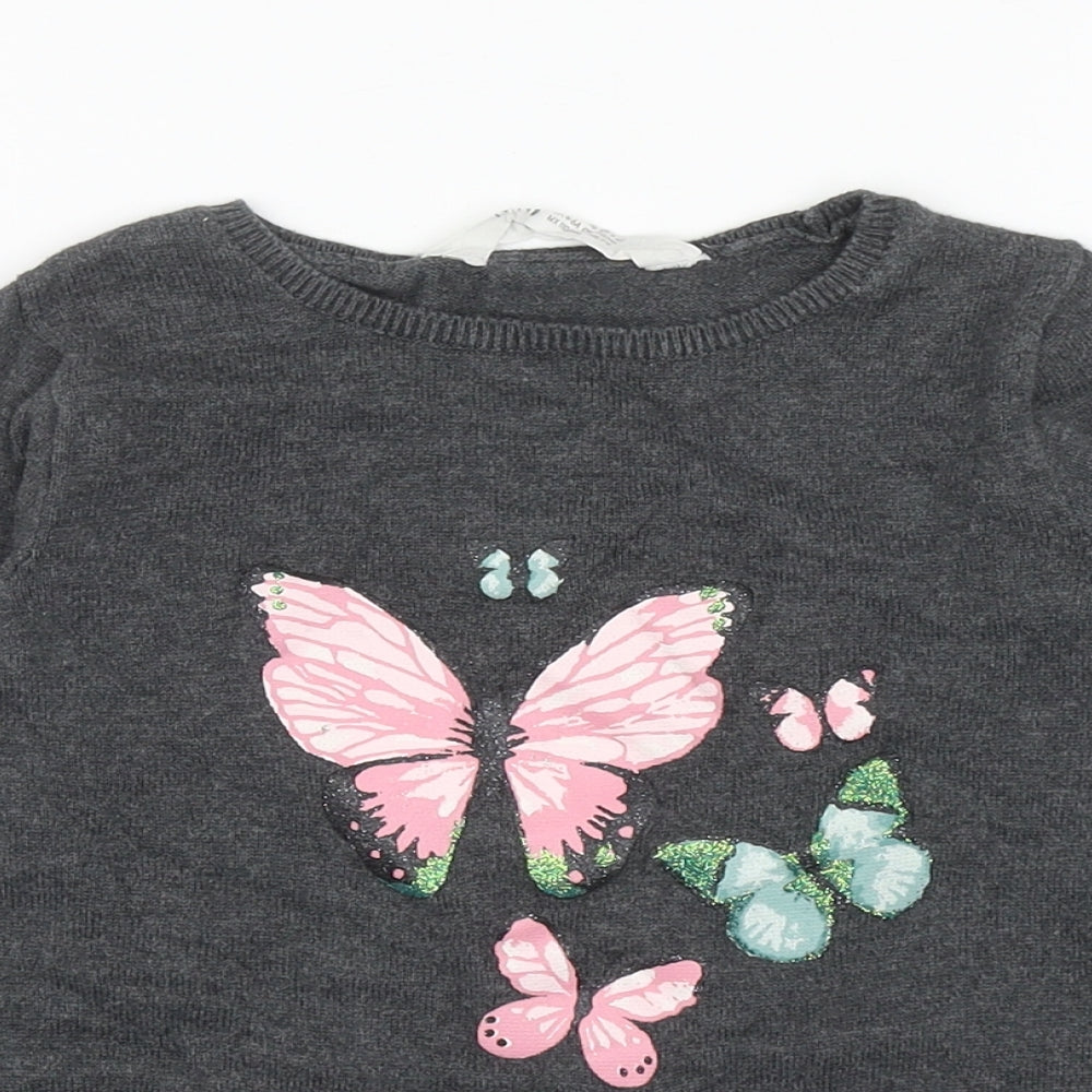 H&M Girls Grey Round Neck Cotton Pullover Jumper Size 4-5 Years Pullover - Butterflies