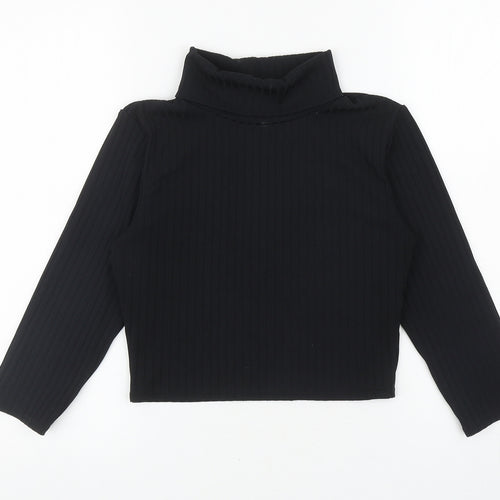 PRETTYLITTLETHING Womens Black Polyester Cropped T-Shirt Size 12 Roll Neck