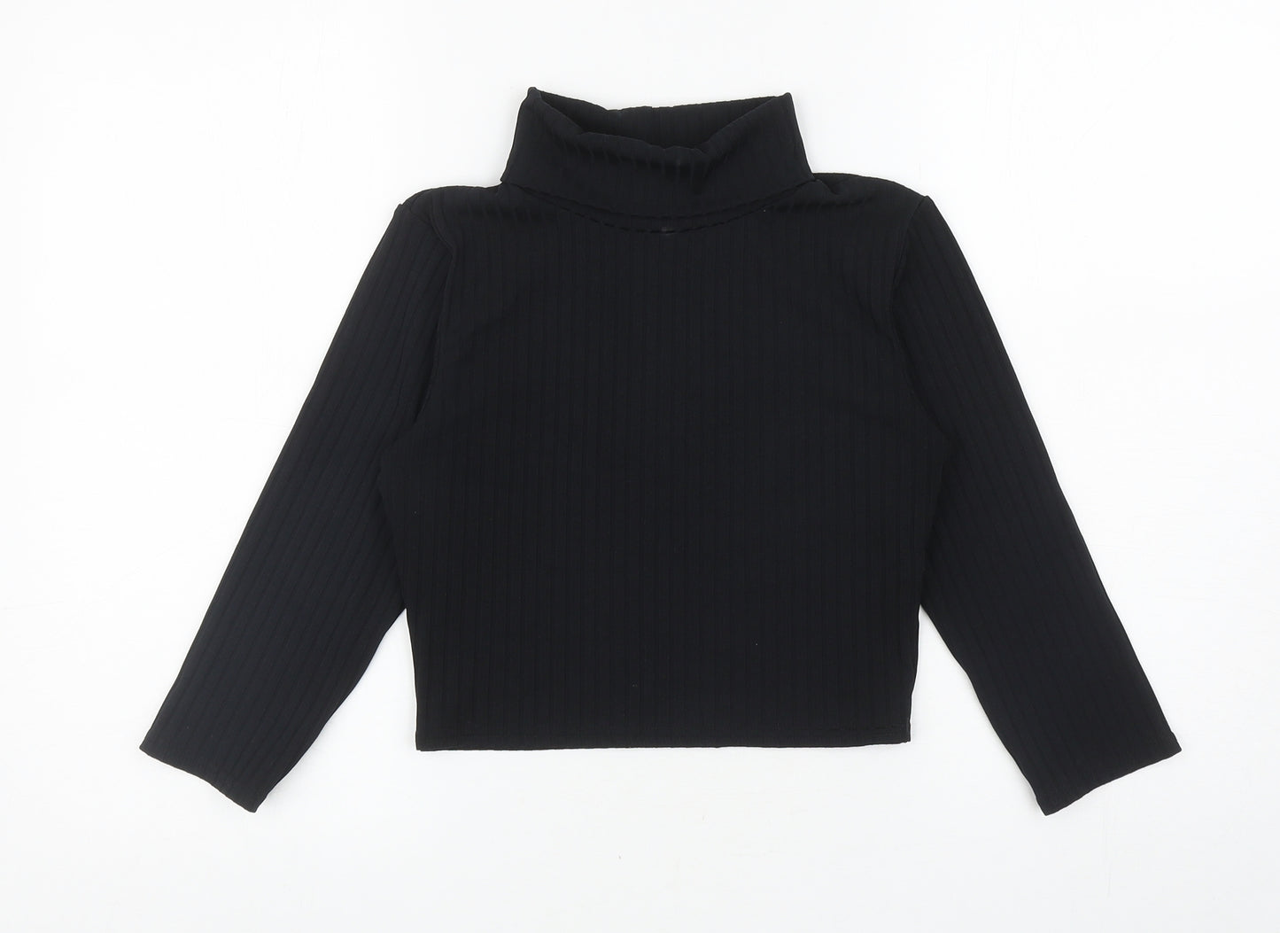 PRETTYLITTLETHING Womens Black Polyester Cropped T-Shirt Size 12 Roll Neck