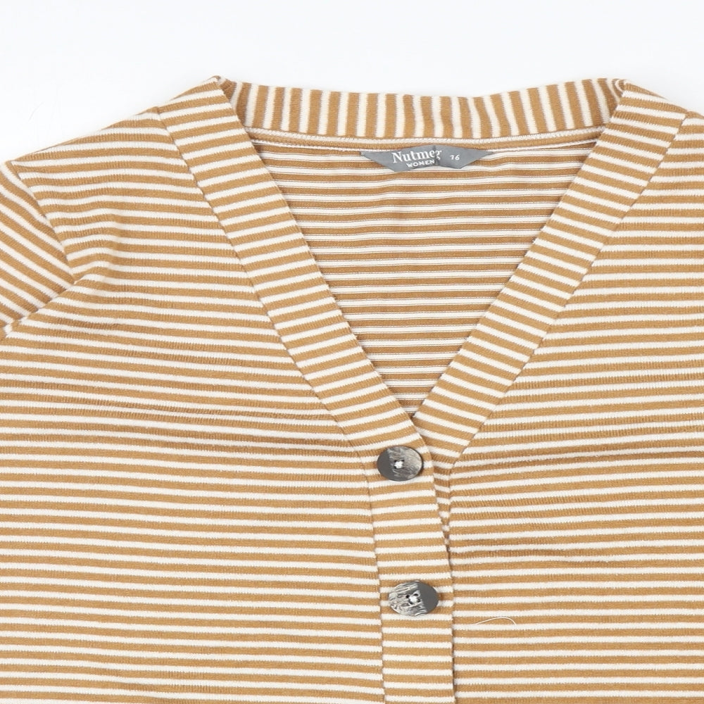 Nutmeg Womens Yellow V-Neck Striped Polyester Cardigan Jumper Size 16