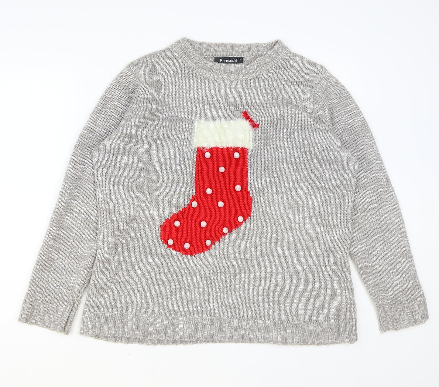 Bonmarché Womens Grey Round Neck Acrylic Pullover Jumper Size M - Christmas