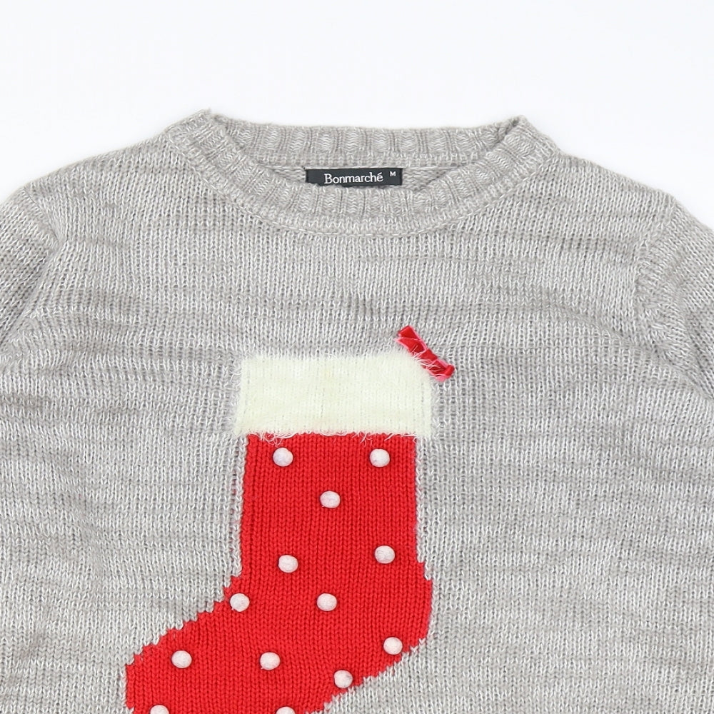 Bonmarché Womens Grey Round Neck Acrylic Pullover Jumper Size M - Christmas