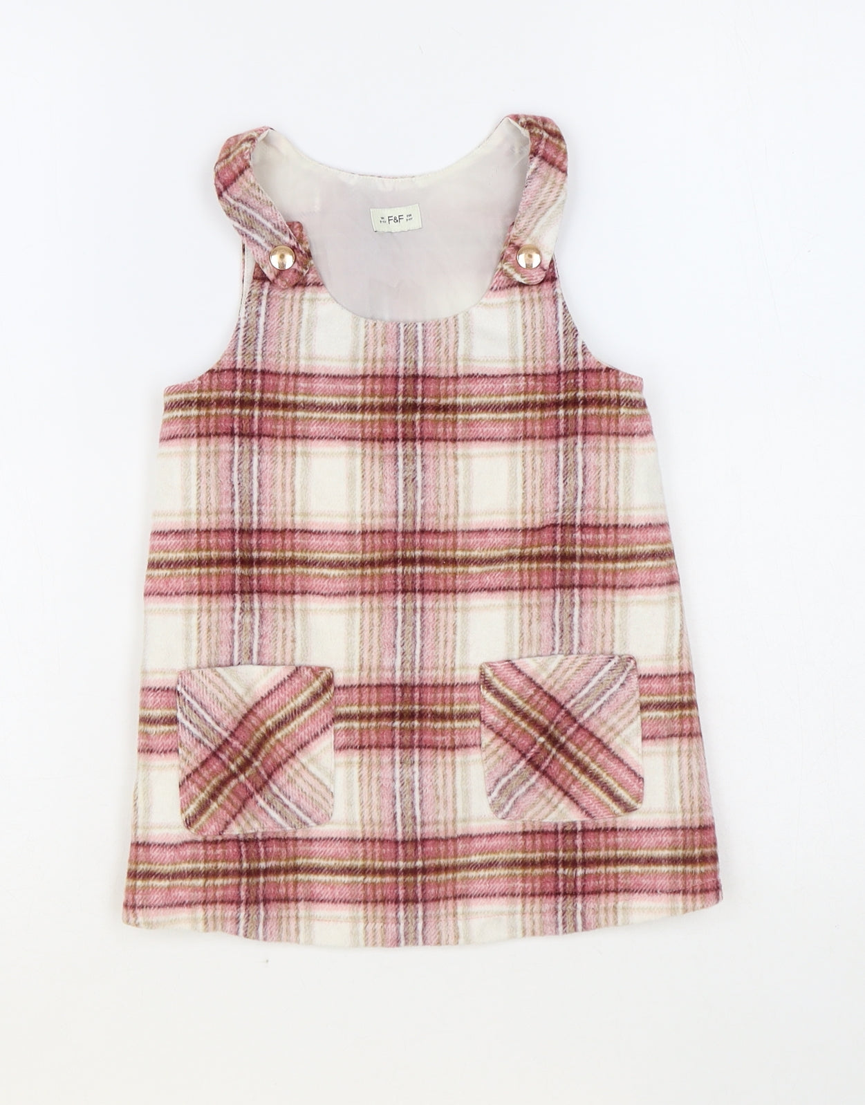 F&F Girls Pink Plaid Polyester Pinafore/Dungaree Dress Size 3-4 Years Round Neck Snap