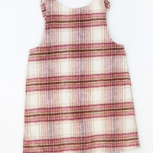 F&F Girls Pink Plaid Polyester Pinafore/Dungaree Dress Size 3-4 Years Round Neck Snap