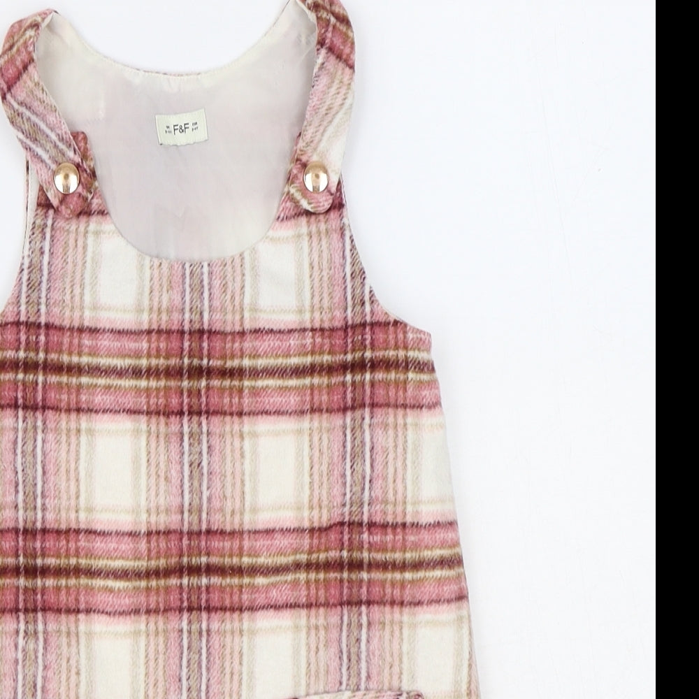 F&F Girls Pink Plaid Polyester Pinafore/Dungaree Dress Size 3-4 Years Round Neck Snap