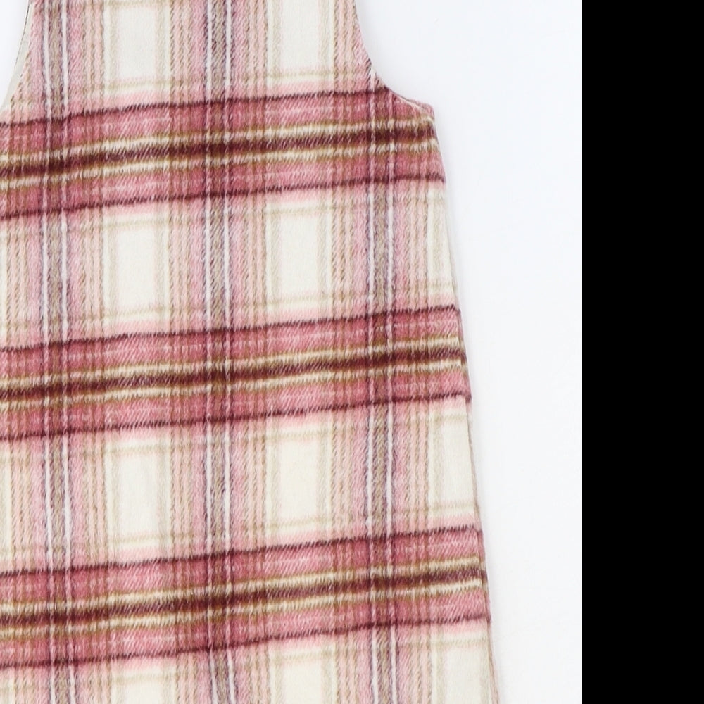 F&F Girls Pink Plaid Polyester Pinafore/Dungaree Dress Size 3-4 Years Round Neck Snap
