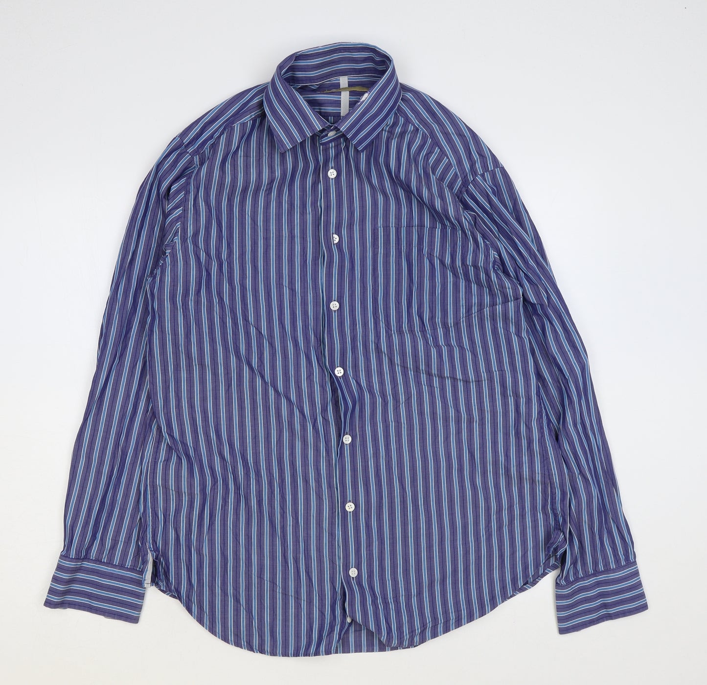 Collezione Mens Blue Striped Polyester Dress Shirt Size 15.5 Collared Button