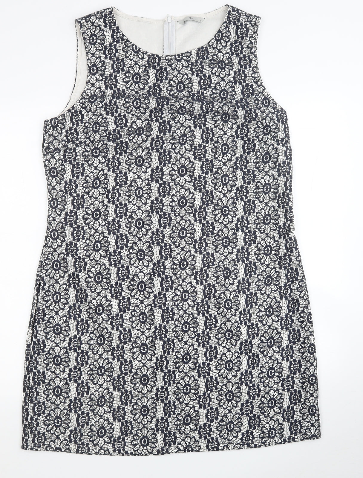 TU Womens Black Floral Polyester A-Line Size 16 Round Neck Zip