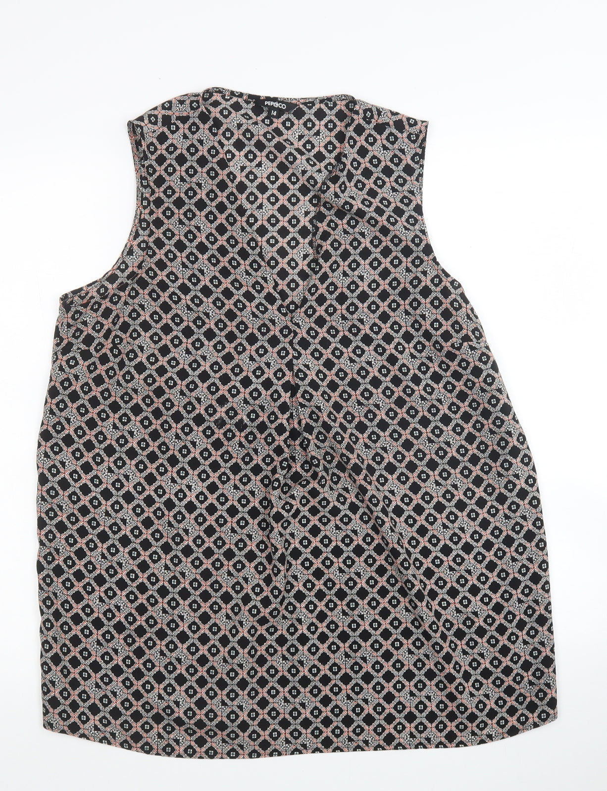 PEP&CO Womens Black Geometric Polyester Basic Blouse Size 14 V-Neck