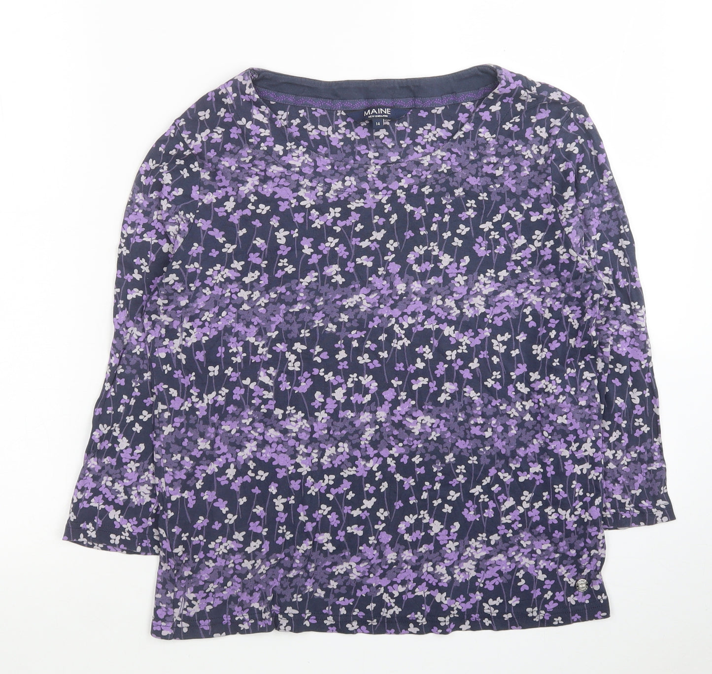 Maine Womens Purple Floral Cotton Jersey T-Shirt Size 14 Round Neck