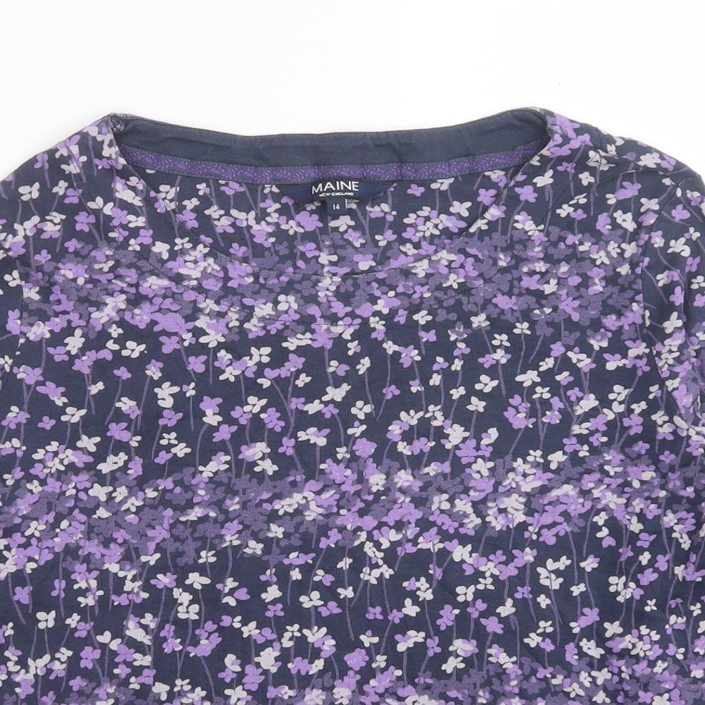 Maine Womens Purple Floral Cotton Jersey T-Shirt Size 14 Round Neck