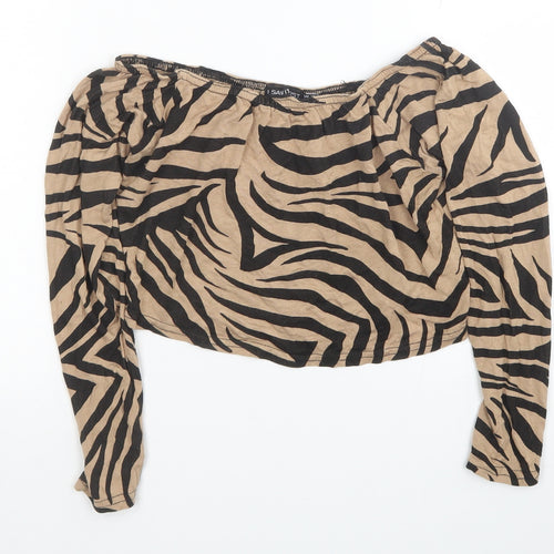 I SAW IT FIRST Womens Brown Animal Print Viscose Cropped Blouse Size 12 Off the Shoulder - Zebra Print