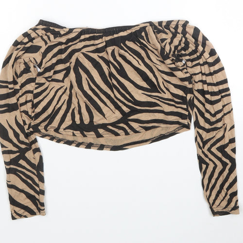 I SAW IT FIRST Womens Brown Animal Print Viscose Cropped Blouse Size 12 Off the Shoulder - Zebra Print