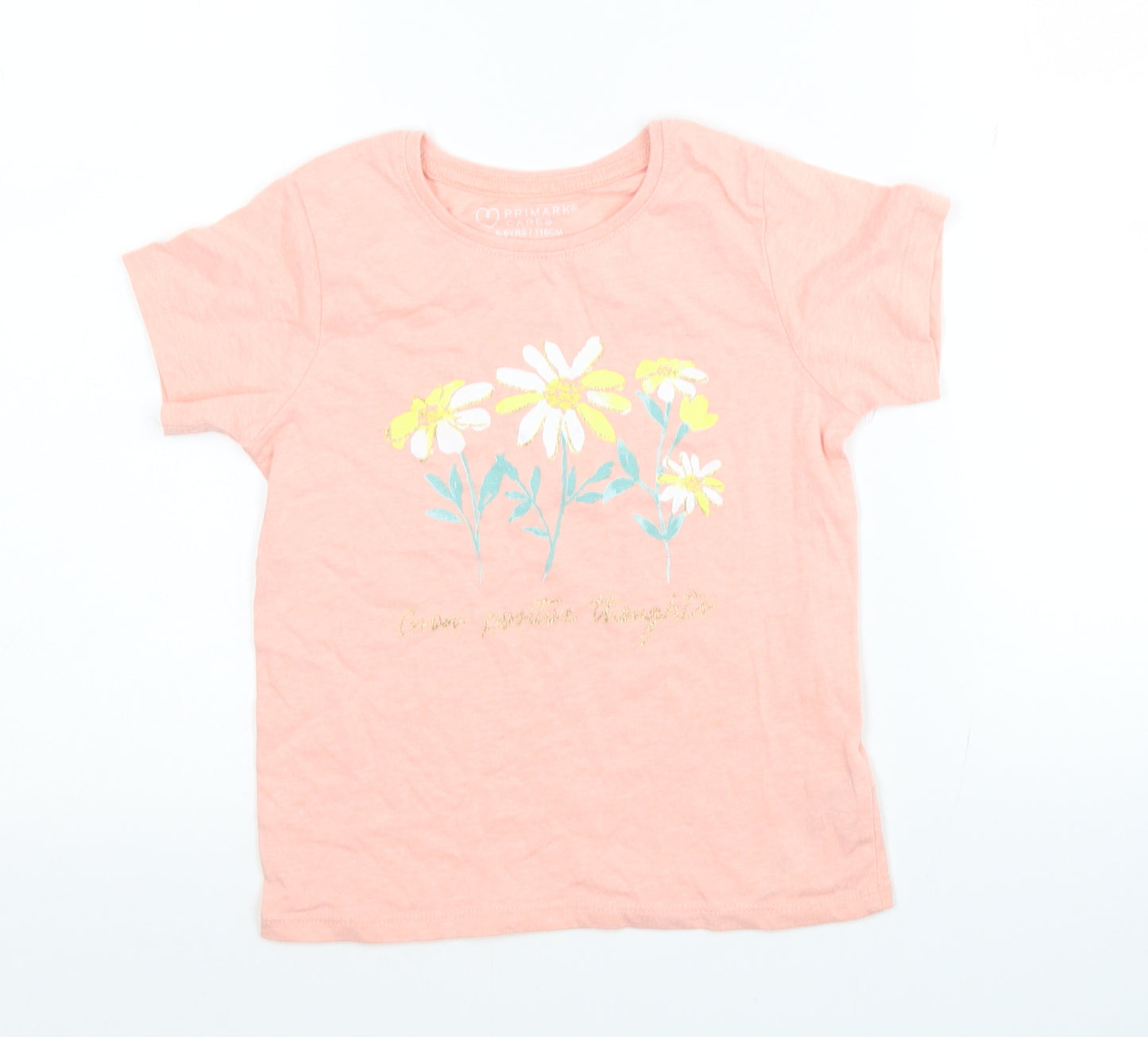Primark Girls Pink Cotton Basic T-Shirt Size 5-6 Years Round Neck Pullover - Flowers