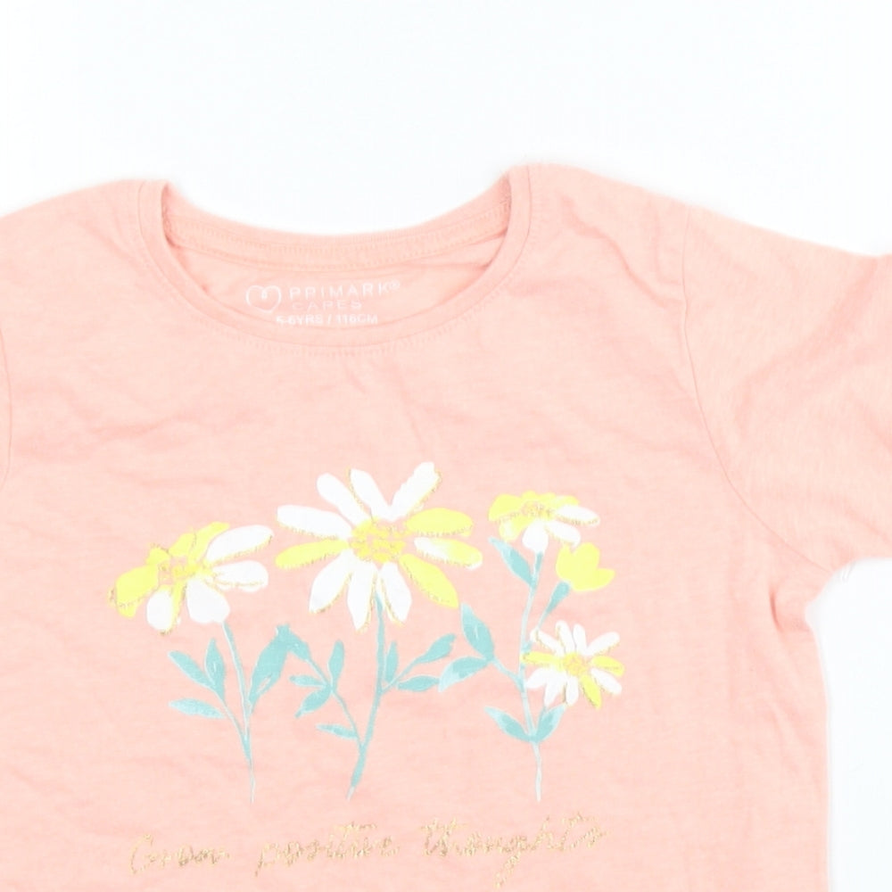 Primark Girls Pink Cotton Basic T-Shirt Size 5-6 Years Round Neck Pullover - Flowers