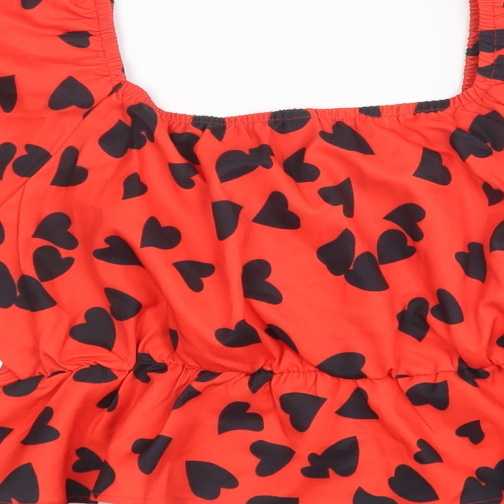 SheIn Womens Red Geometric Polyester Cropped Blouse Size XL Square Neck - Hearts