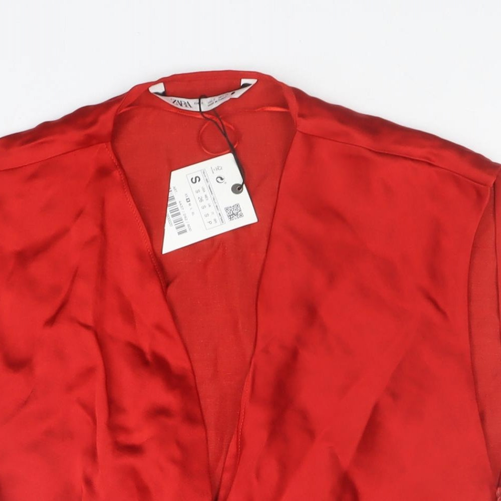 Zara Womens Red Viscose Cropped Blouse Size S V-Neck