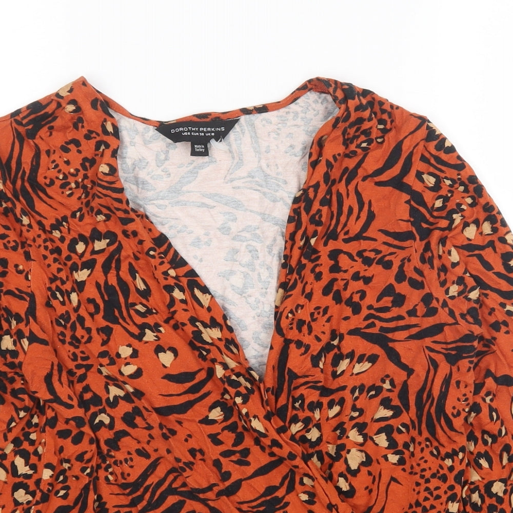 Dorothy Perkins Womens Orange Floral Viscose Jersey Blouse Size 10 V-Neck