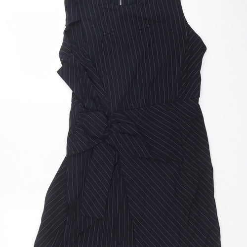 Mango Womens Blue Striped Viscose A-Line Size L Round Neck Zip