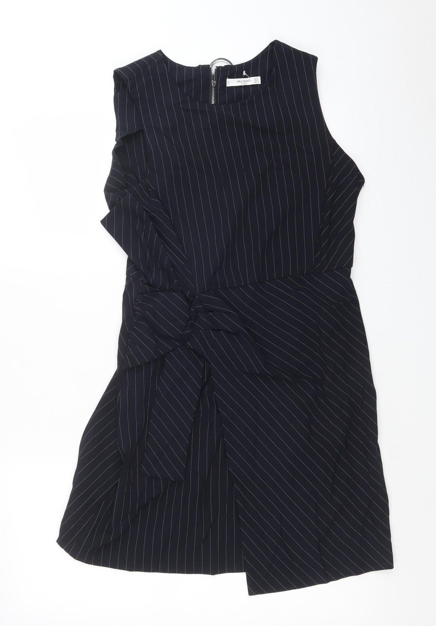 Mango Womens Blue Striped Viscose A-Line Size L Round Neck Zip