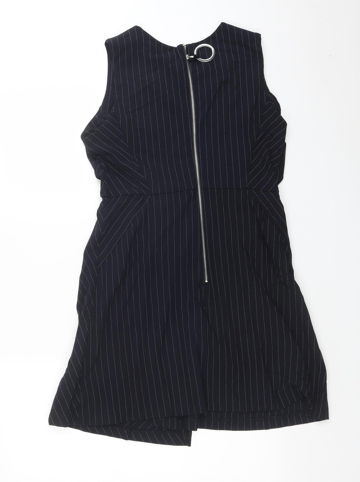 Mango Womens Blue Striped Viscose A-Line Size L Round Neck Zip