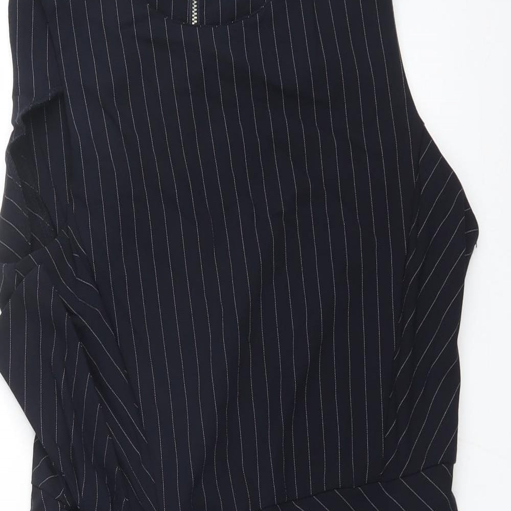 Mango Womens Blue Striped Viscose A-Line Size L Round Neck Zip