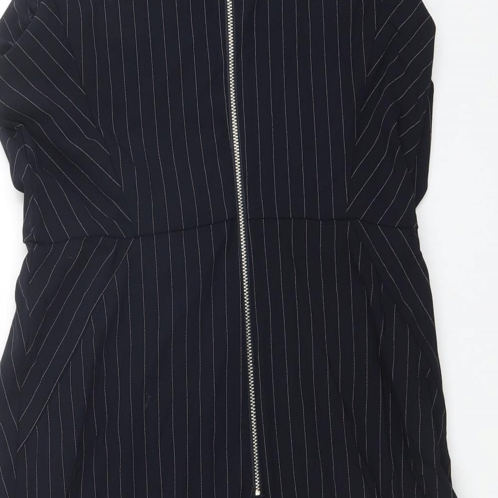Mango Womens Blue Striped Viscose A-Line Size L Round Neck Zip