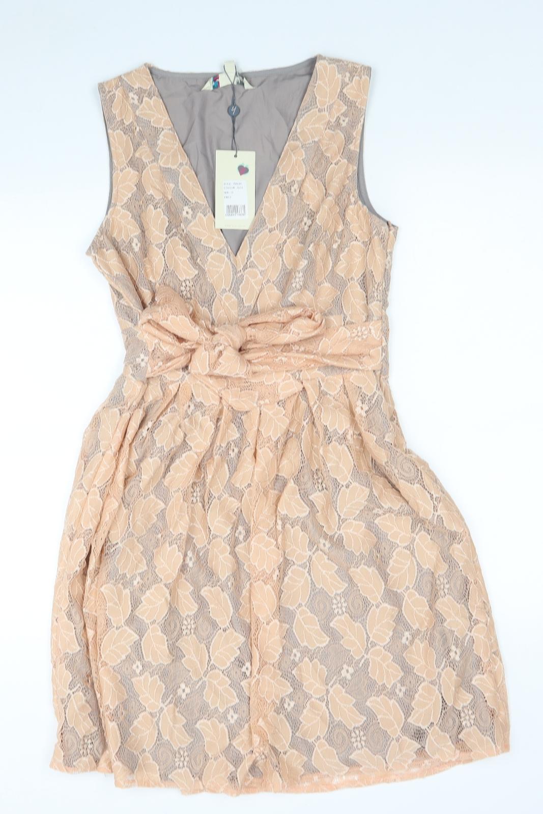 Yuni Womens Beige Floral Polyester Fit & Flare Size 12 V-Neck Zip