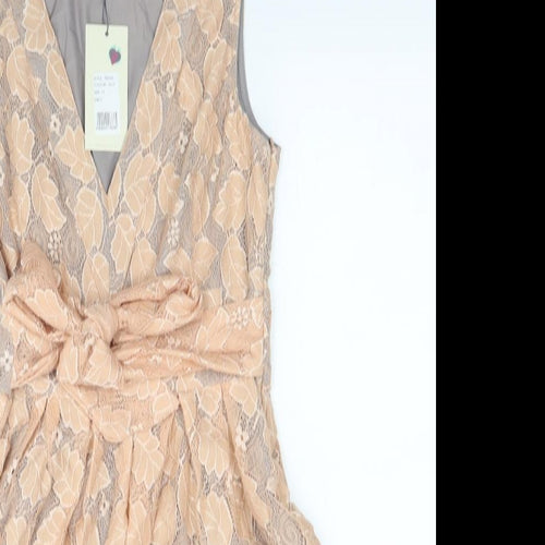 Yuni Womens Beige Floral Polyester Fit & Flare Size 12 V-Neck Zip