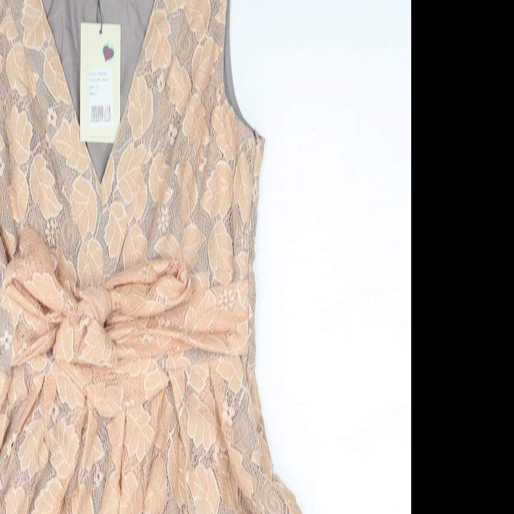Yuni Womens Beige Floral Polyester Fit & Flare Size 12 V-Neck Zip