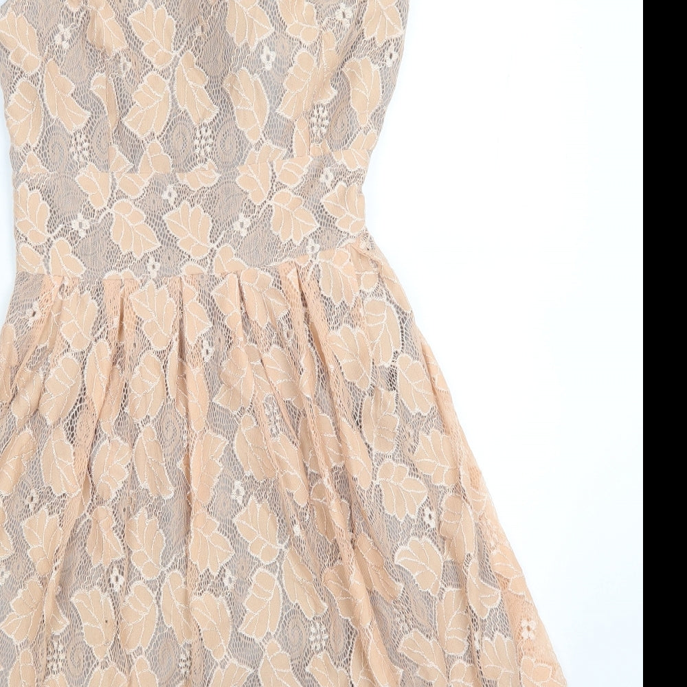 Yuni Womens Beige Floral Polyester Fit & Flare Size 12 V-Neck Zip