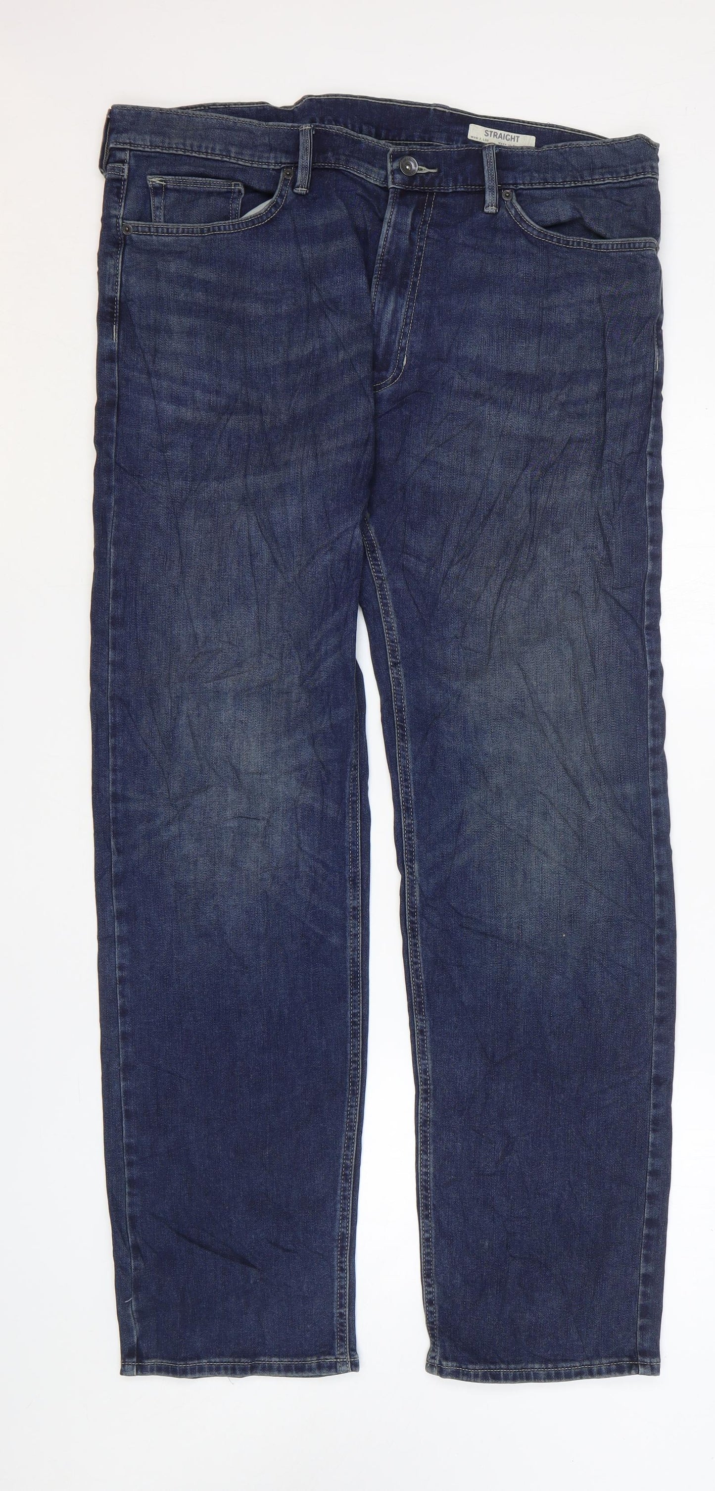 Marks and Spencer Mens Blue Cotton Straight Jeans Size 38 in L33 in Regular Zip