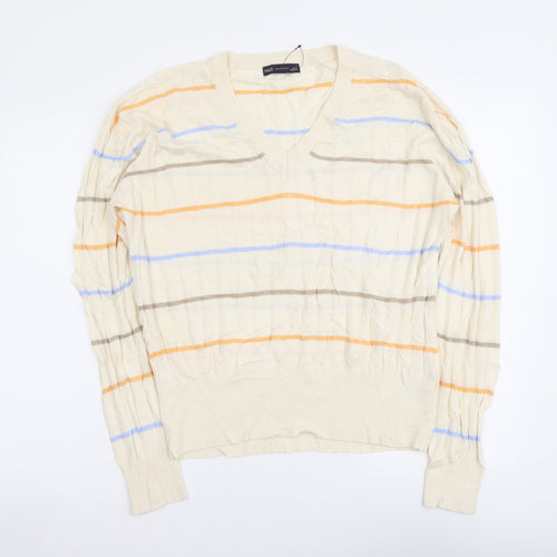 Marks and Spencer Womens Beige V-Neck Striped Viscose Pullover Jumper Size L