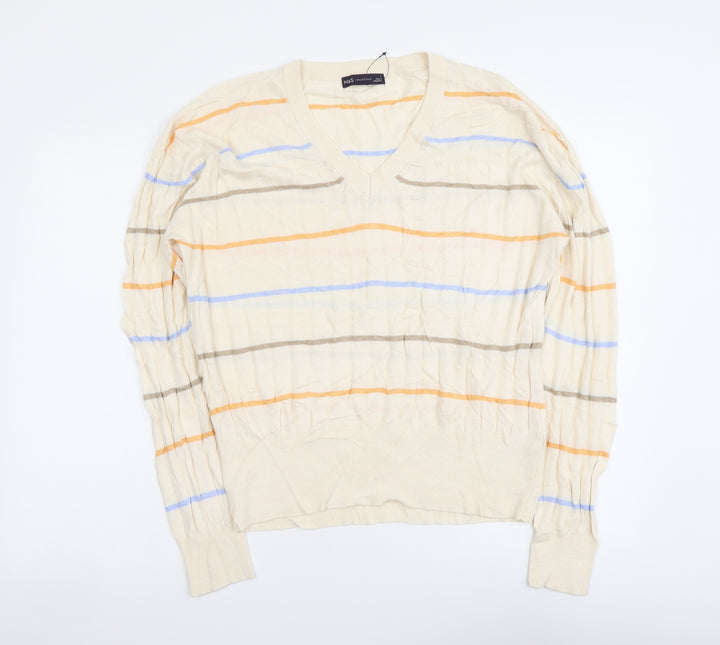 Marks and Spencer Womens Beige V-Neck Striped Viscose Pullover Jumper Size L