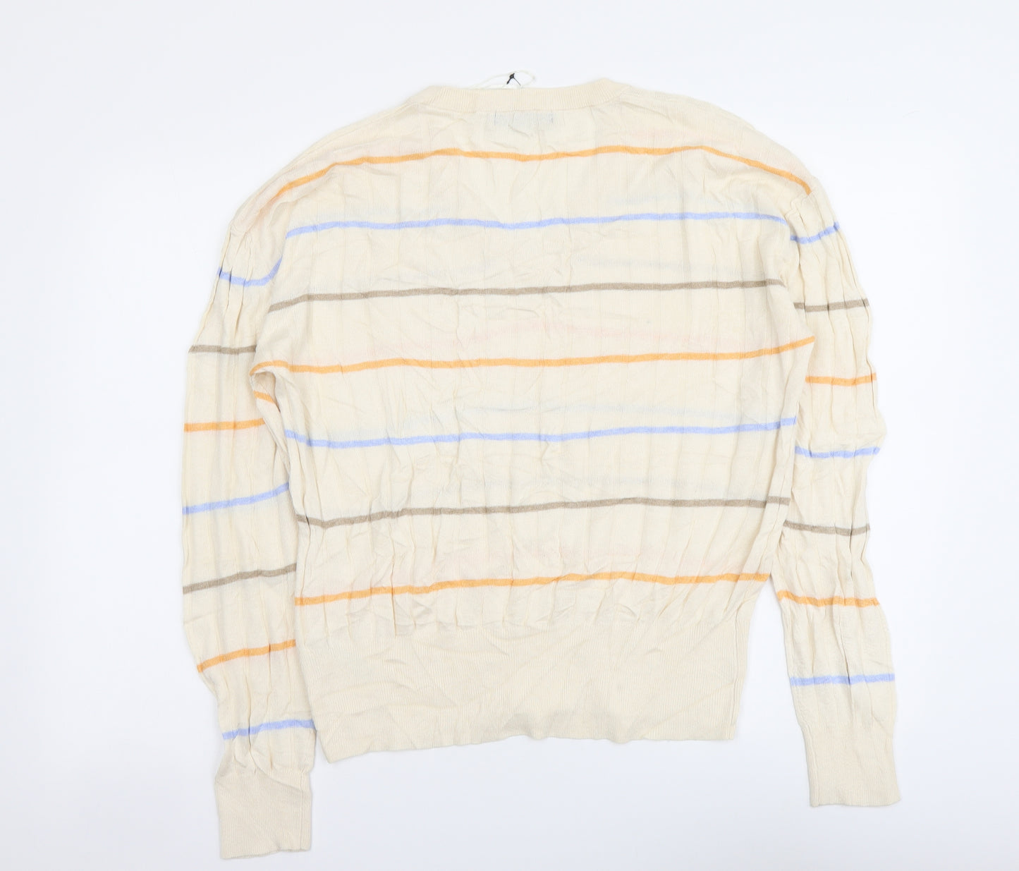 Marks and Spencer Womens Beige V-Neck Striped Viscose Pullover Jumper Size L