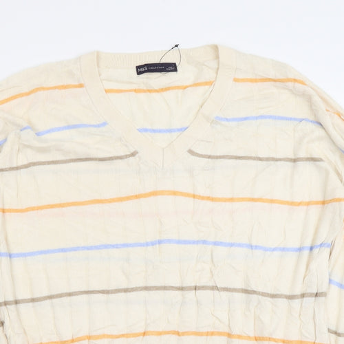 Marks and Spencer Womens Beige V-Neck Striped Viscose Pullover Jumper Size L