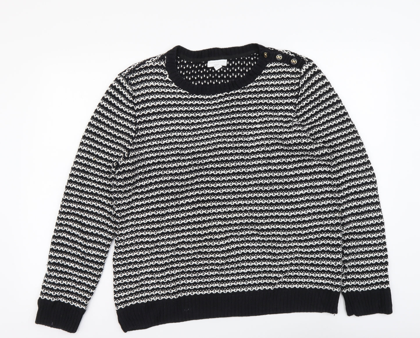 Charter Club Womens Black Round Neck Striped Acrylic Henley Jumper Size XL