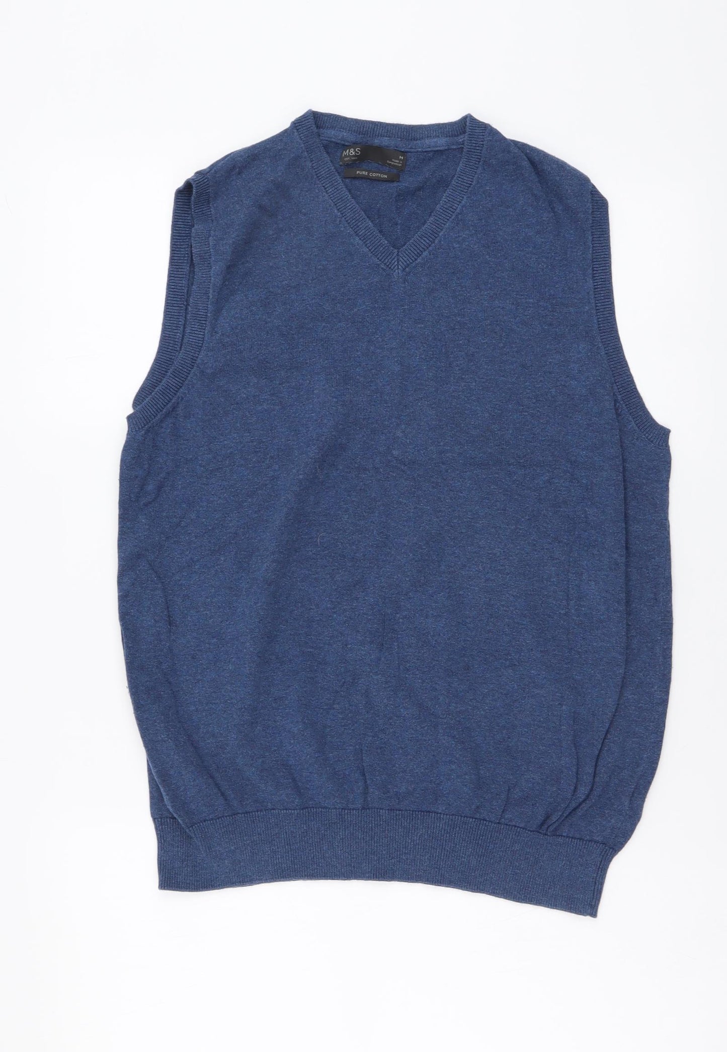 Marks and Spencer Mens Blue V-Neck Cotton Vest Jumper Size M