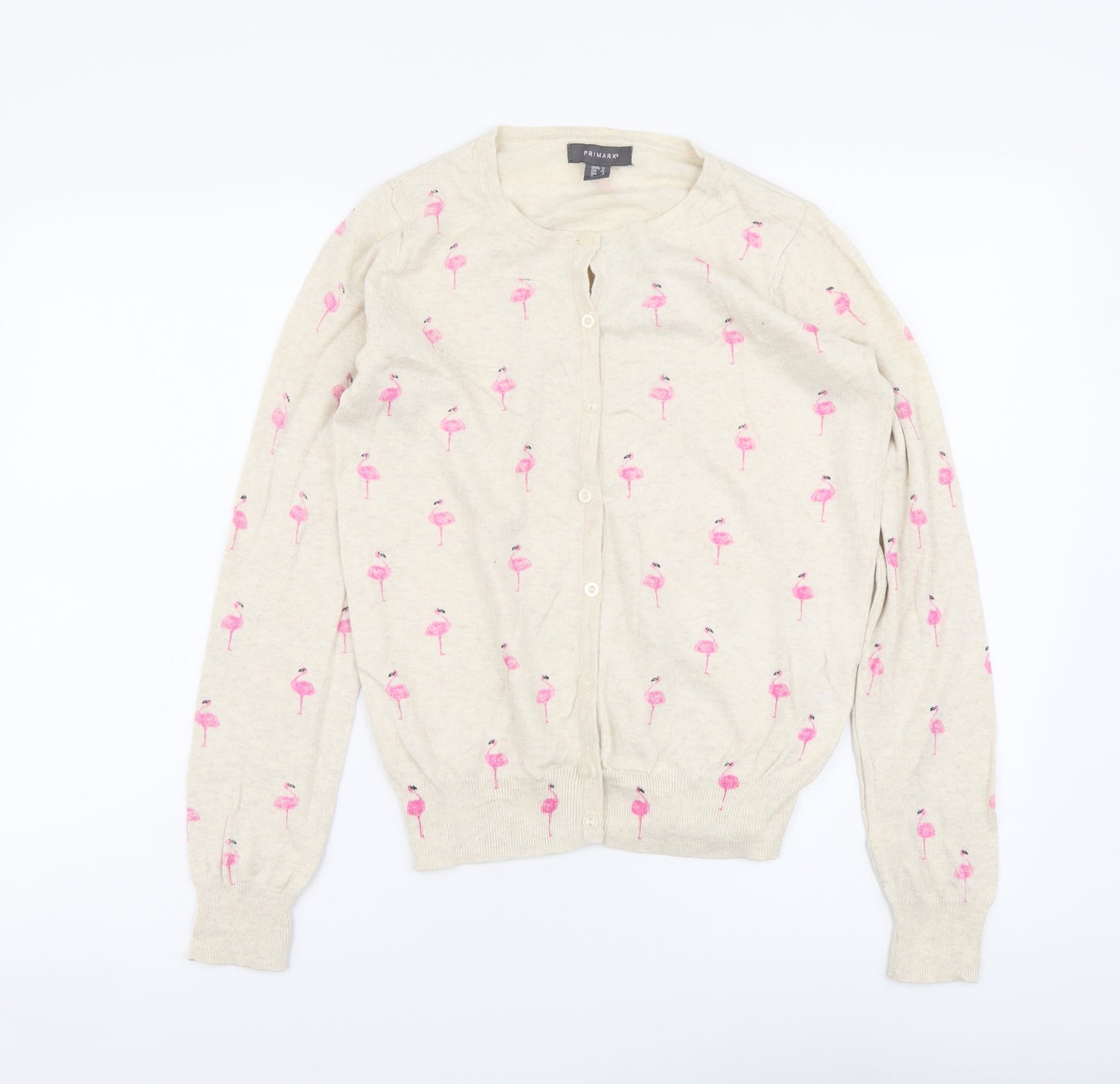 Primark Womens Beige Round Neck Geometric Cotton Cardigan Jumper Size 12 - Flamingo Print