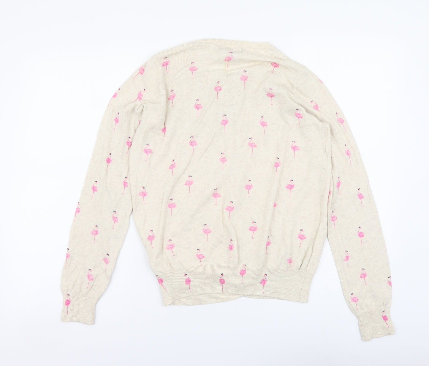 Primark Womens Beige Round Neck Geometric Cotton Cardigan Jumper Size 12 - Flamingo Print